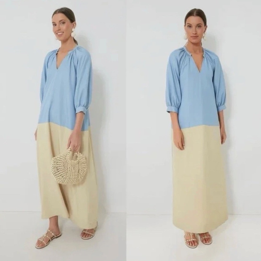 Pomander Place Gemma Blue Tan Colorblock V-Neck Maxi Dress Balloon Sleeve Large - Picture 9 of 9